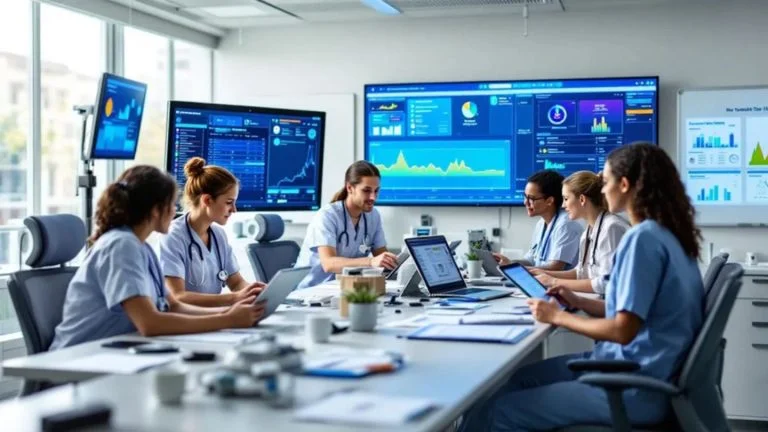 Medical Team Collaborating in Front of Data Analytics Screens