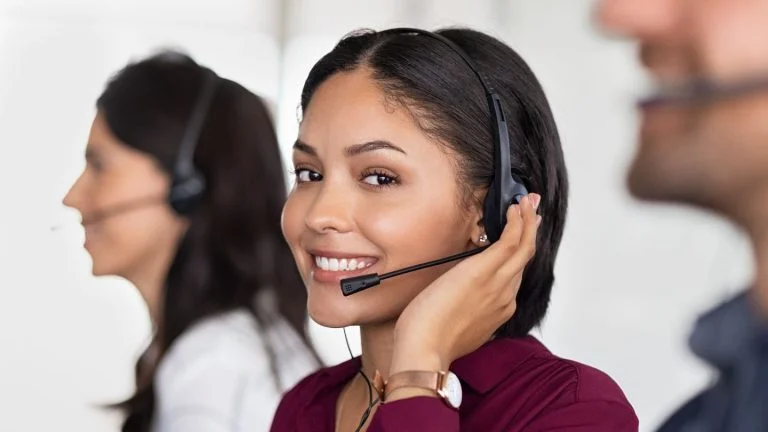 Smiling Customer Service Representative Wearing Headset